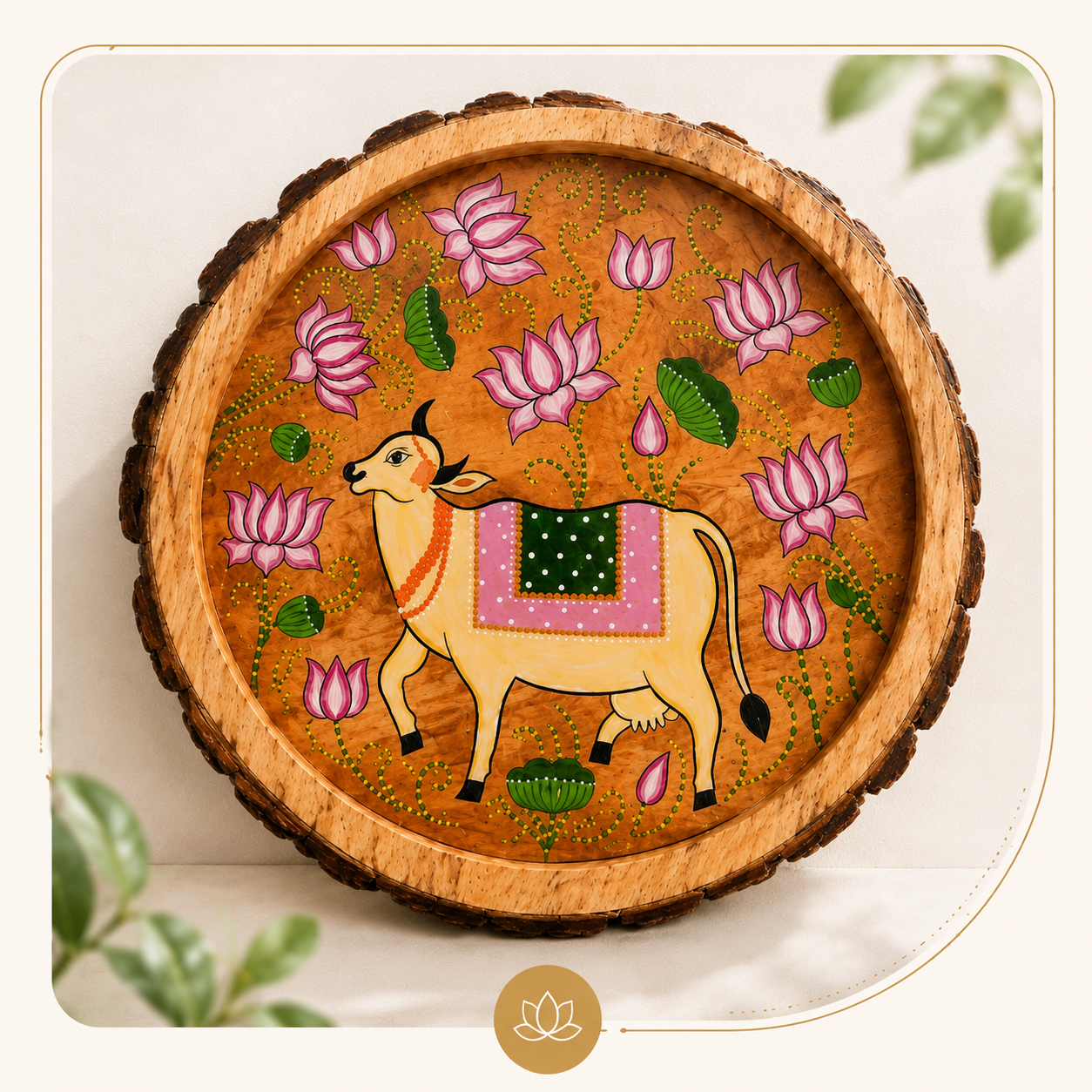Handcrafted Indian décor — lotus cow hand-painted wooden tray by Auranest Decors