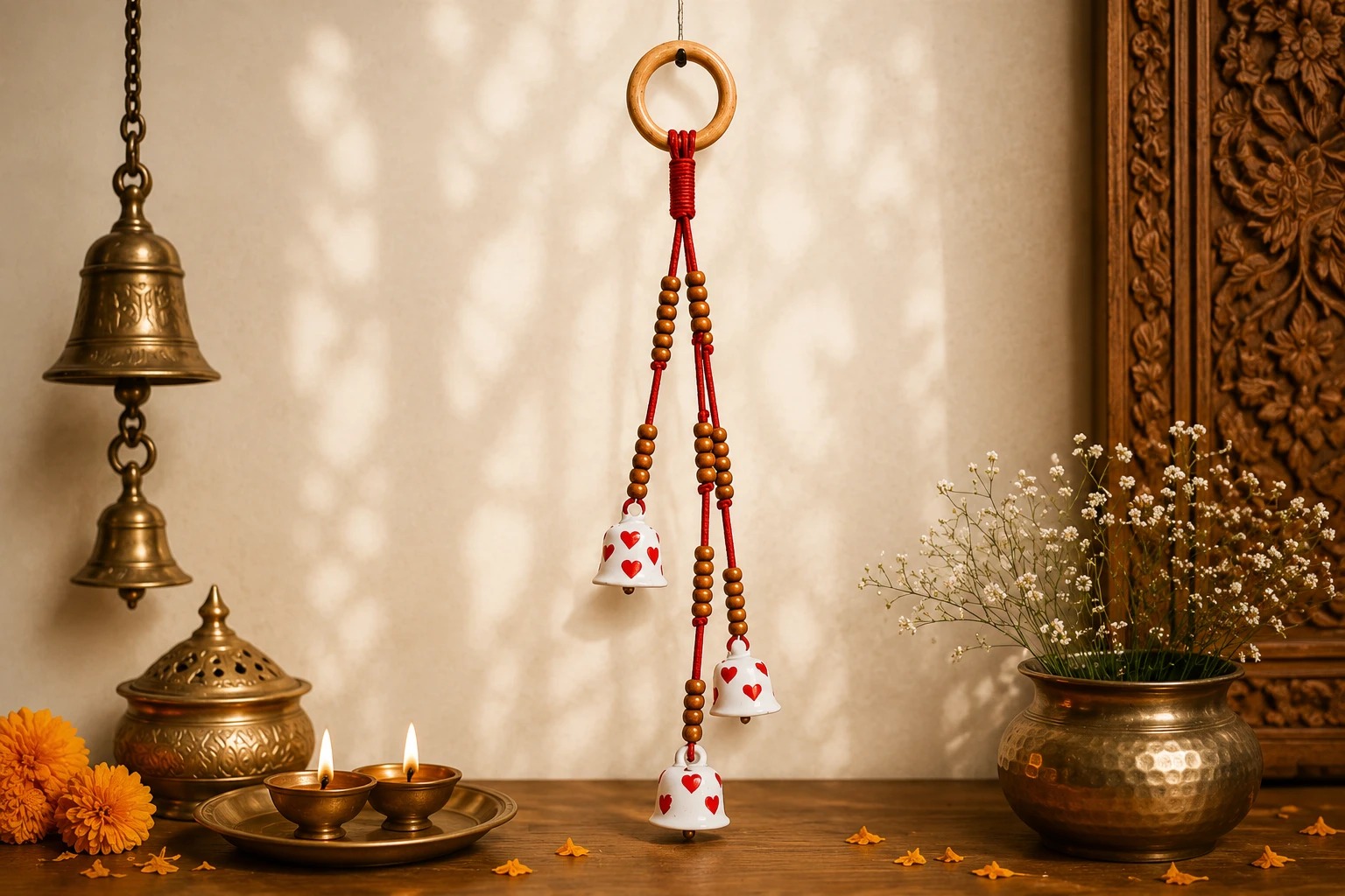 Handcrafted wind chime — ceramic bells with hearts, Auranest Decors